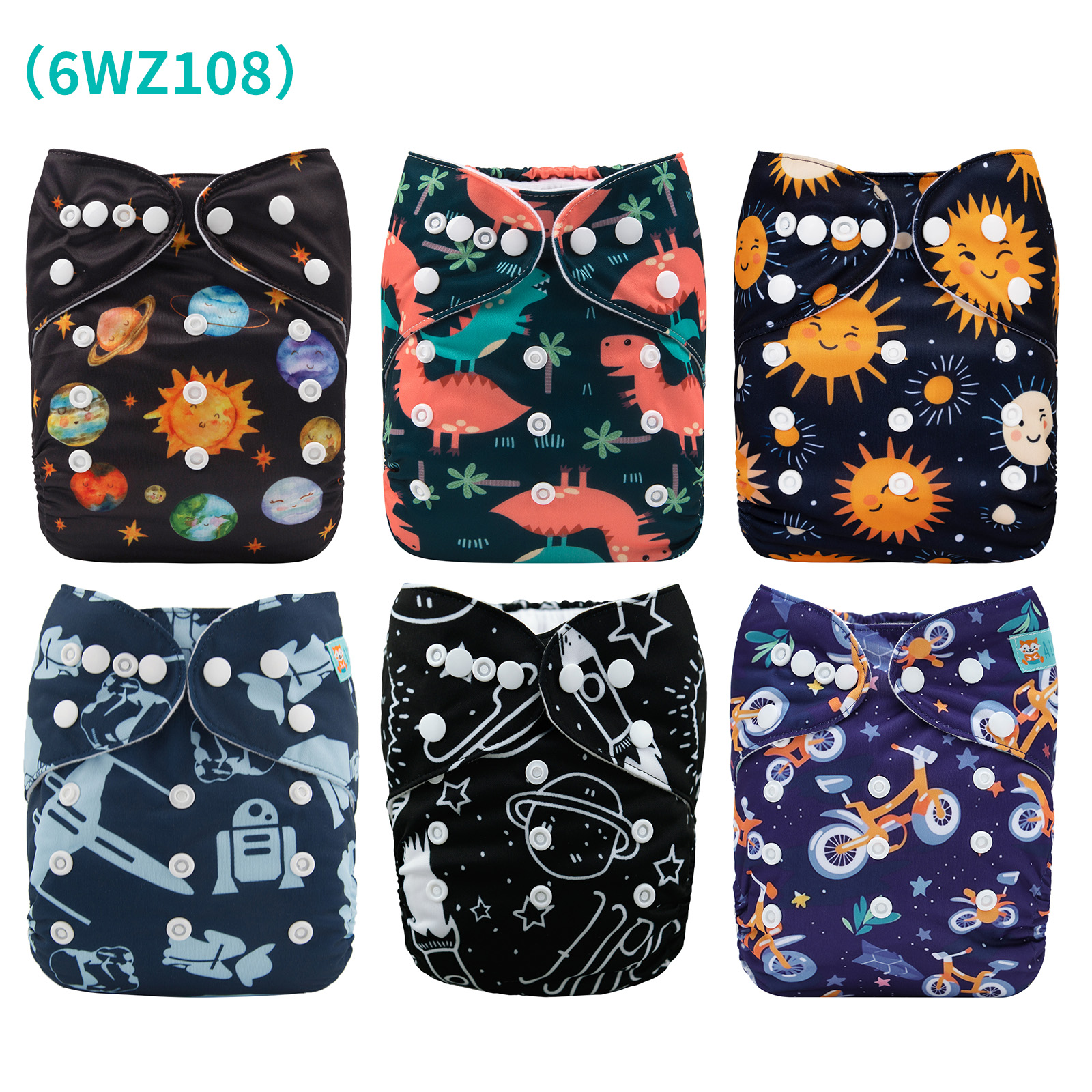 6-Pack Baby Cloth Diapers with 6 Microfiber Inserts - One Size Adjustable & Reusable Pocket Diapers for Infants & Toddlers