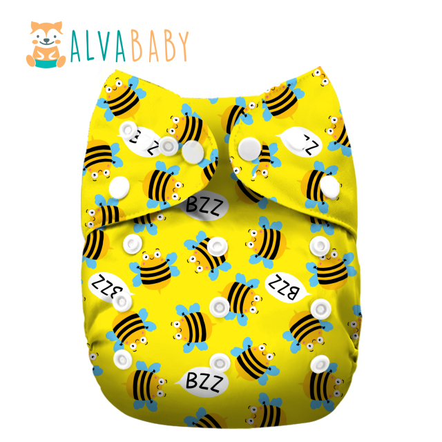 (Various Patterns) AWJ Cloth Diaper with Tummy Panel come with 4-layers-bamboo insert - One Size Adjustable & Reusable Pocket Diapers for Summer