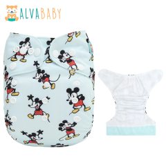 (Various Patterns) AWJ Cloth Diaper with Tummy Panel come with 4-layers-bamboo insert - One Size Adjustable & Reusable Pocket Diapers for Summer
