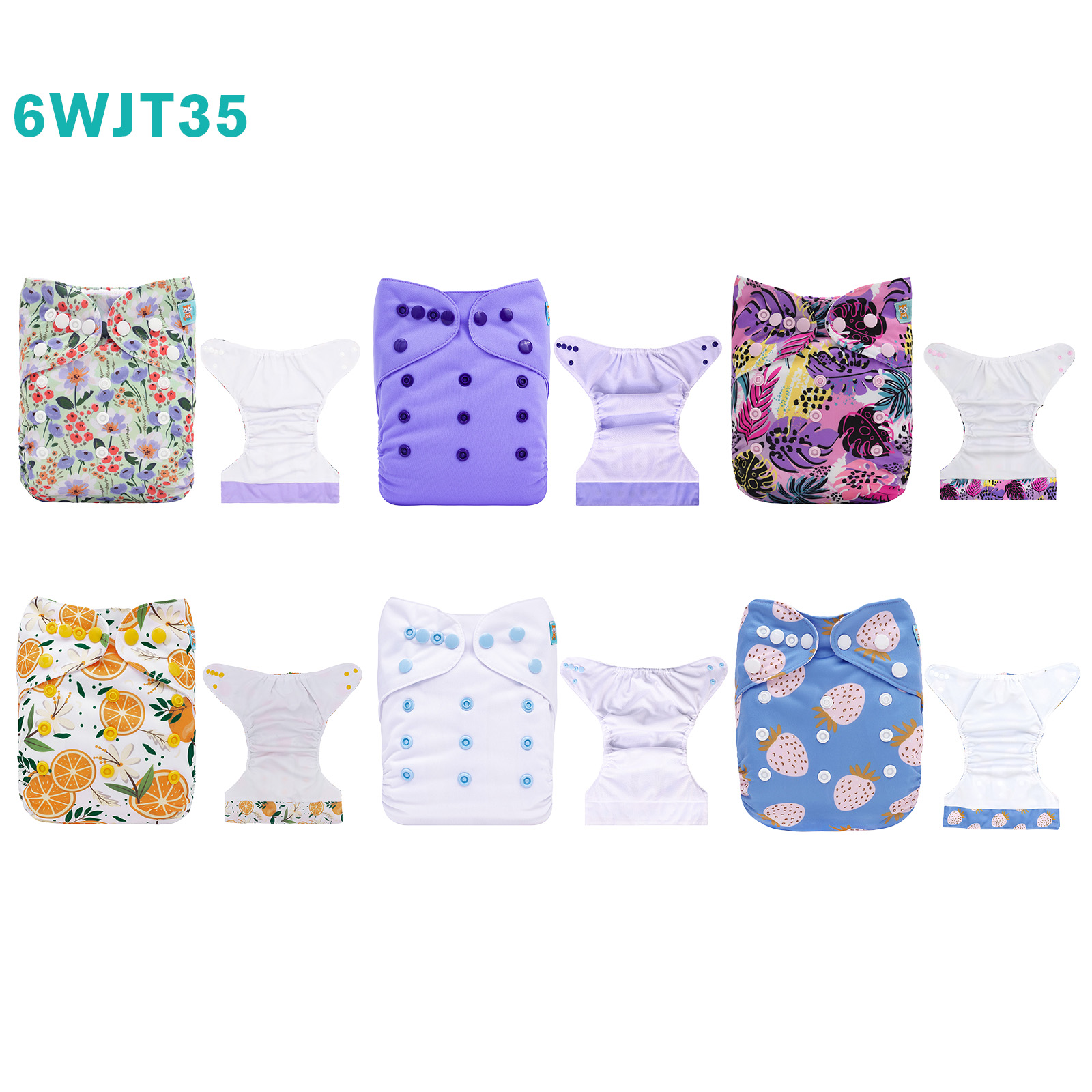 6-Pack AWJ Cloth Diapers with 6 Bamboo Inserts (4 Layers) - One Size Adjustable & Reusable Pocket Diapers for Summer