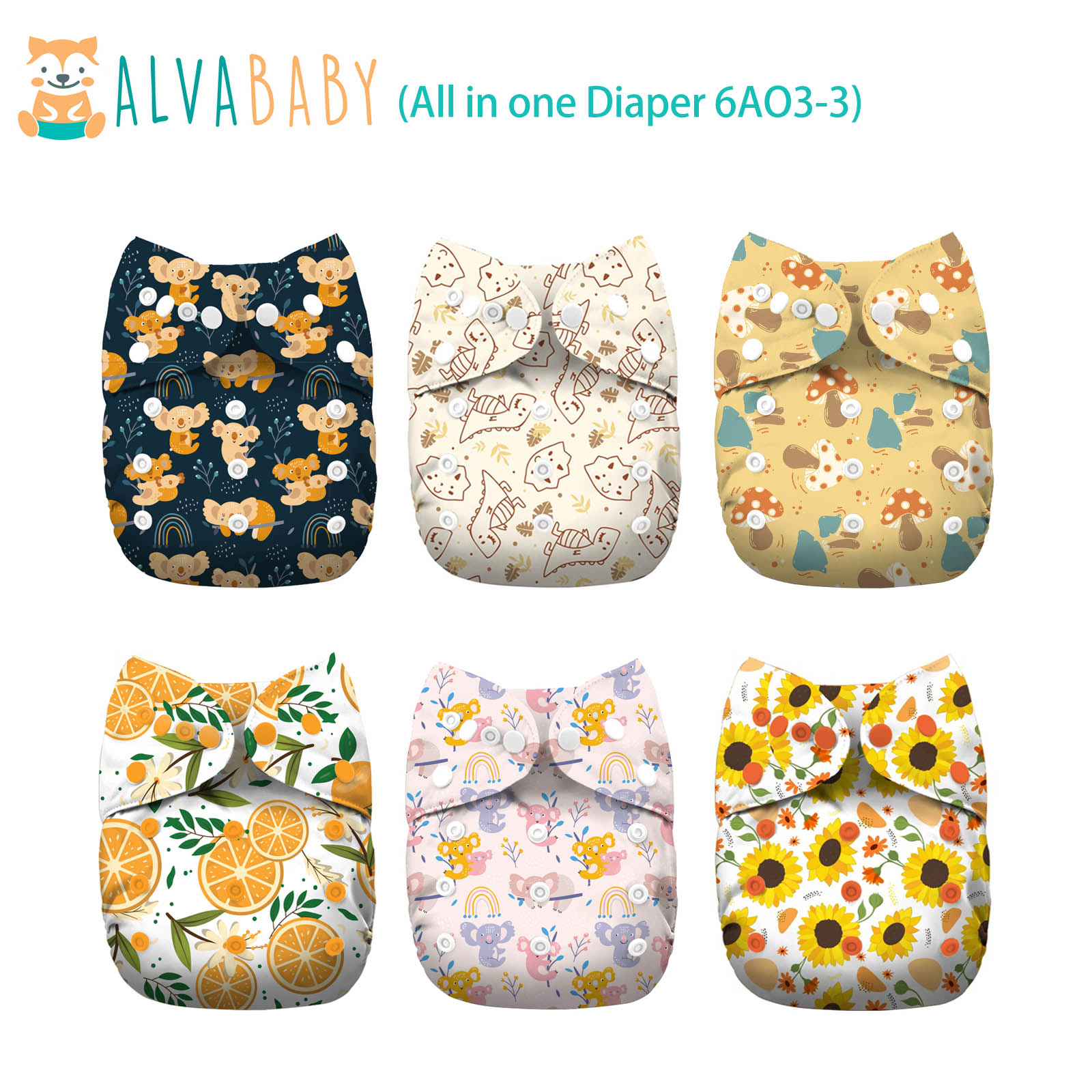 6-Pack All In One Diapers - One Size Adjustable & Reusable AIO Cloth Diaper for Infants & Toddlers