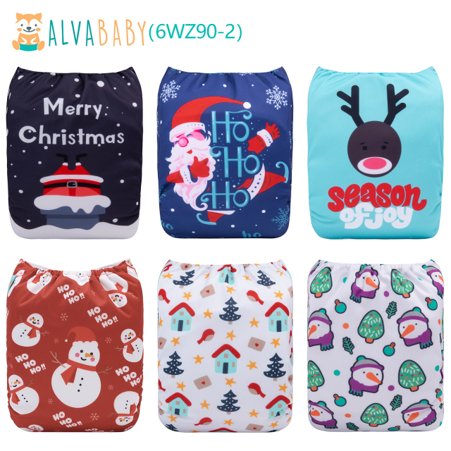 6-Pack Christmas Cloth Diapers with 6 Microfiber Inserts - One Size Reusable and Adjustable Pocket Diapers for Infants & Toddlers