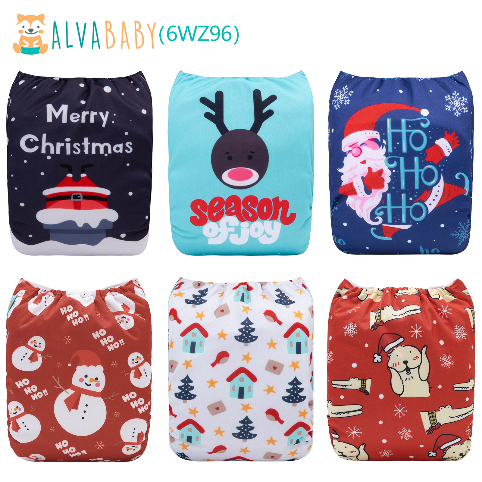 6-Pack Christmas Cloth Diapers with 6 Microfiber Inserts - One Size Reusable and Adjustable Pocket Diapers for Infants & Toddlers