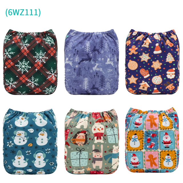 6-Pack Christmas Cloth Diapers with 6 Microfiber Inserts - One Size Reusable and Adjustable Pocket Diapers for Infants & Toddlers