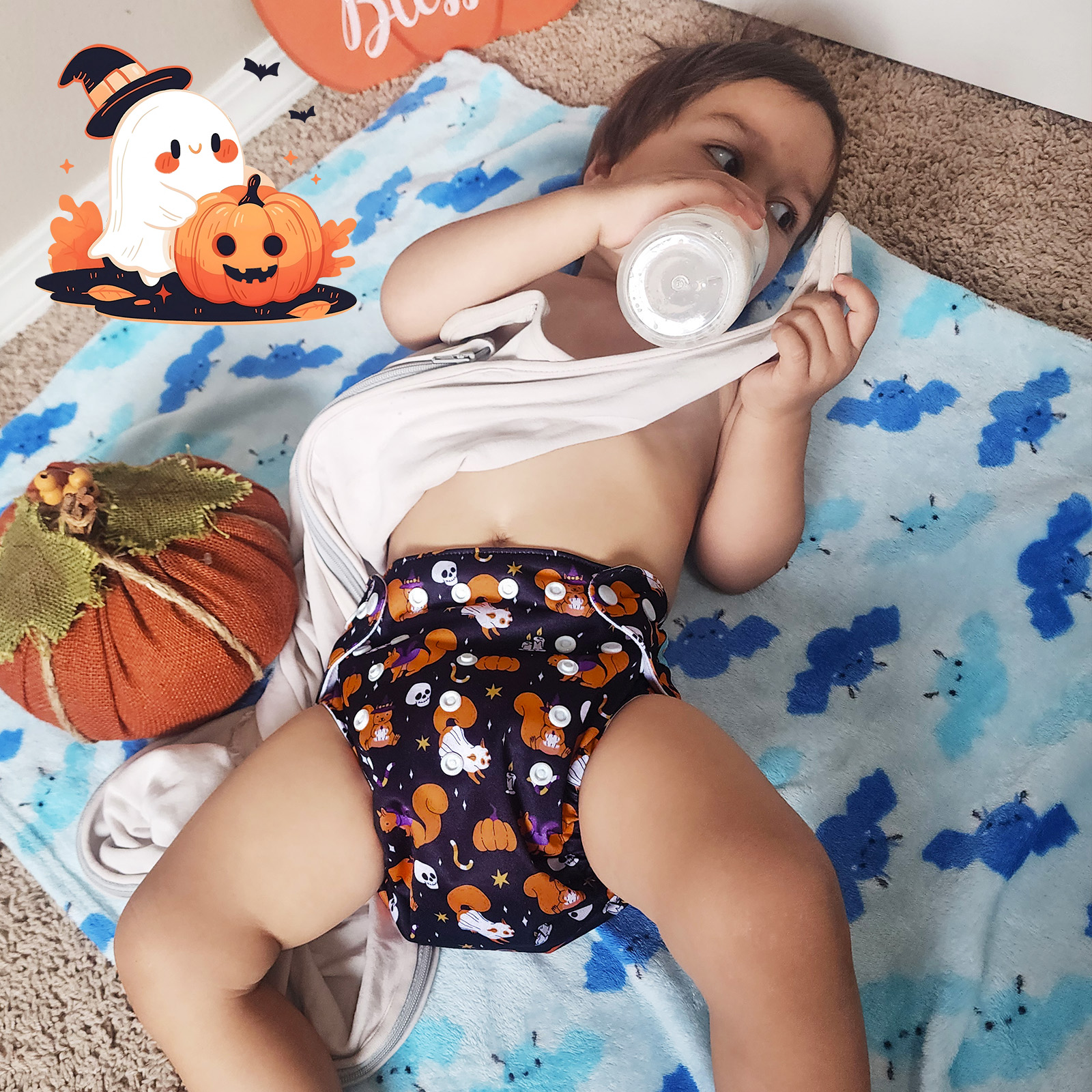 Halloween Cloth Diaper One Size Adjustable Reusable Diapers for Babies -Fox & Pumpkin (QD98A)