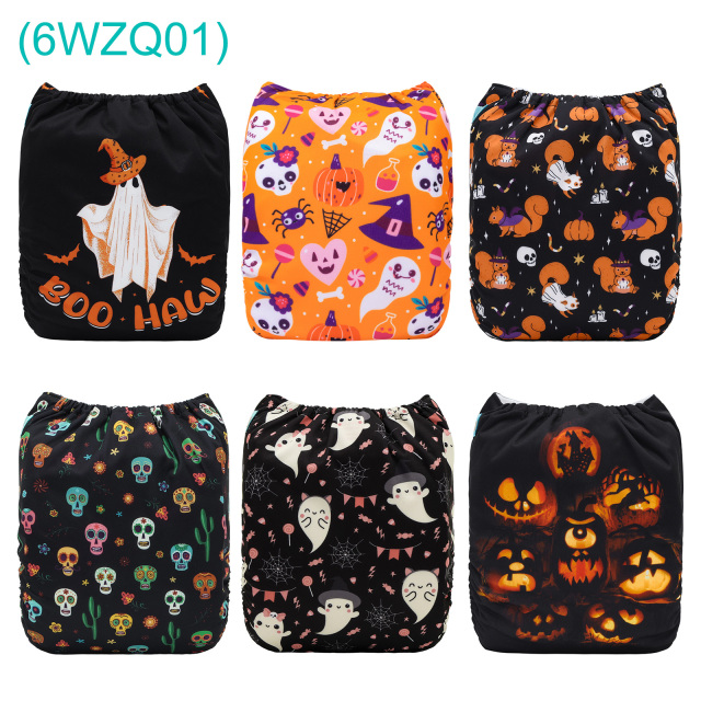6-Pack Halloween Cloth Diapers with 6 Microfiber Inserts - One Size Reusable and Adjustable Pocket Diapers for Infants & Toddlers