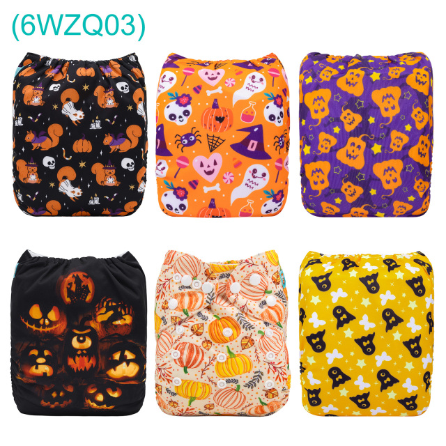 6-Pack Halloween Cloth Diapers with 6 Microfiber Inserts - One Size Reusable and Adjustable Pocket Diapers for Infants & Toddlers