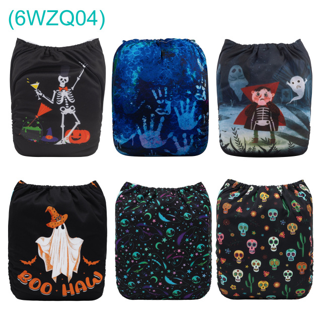 6-Pack Halloween Cloth Diapers with 6 Microfiber Inserts - One Size Reusable and Adjustable Pocket Diapers for Infants & Toddlers