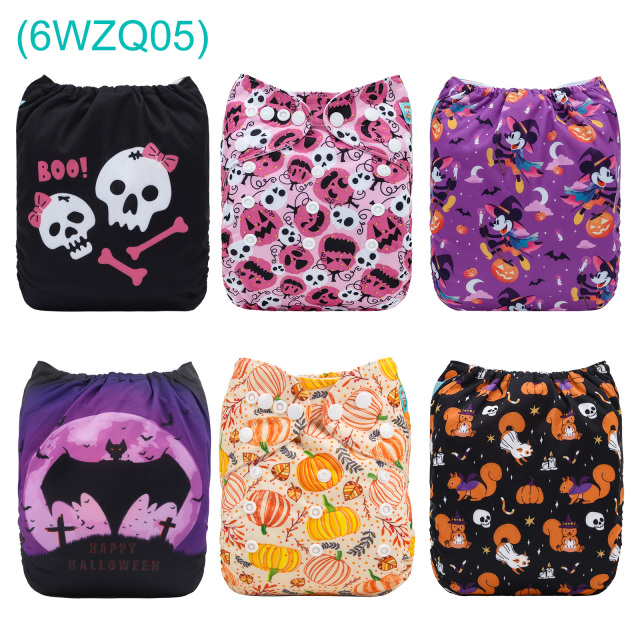 6-Pack Halloween Cloth Diapers with 6 Microfiber Inserts - One Size Reusable and Adjustable Pocket Diapers for Infants & Toddlers