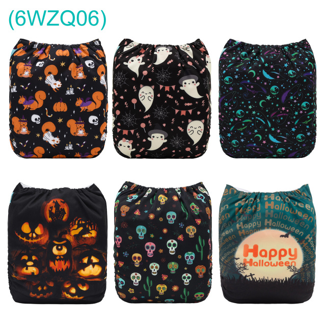 6-Pack Halloween Cloth Diapers with 6 Microfiber Inserts - One Size Reusable and Adjustable Pocket Diapers for Infants & Toddlers