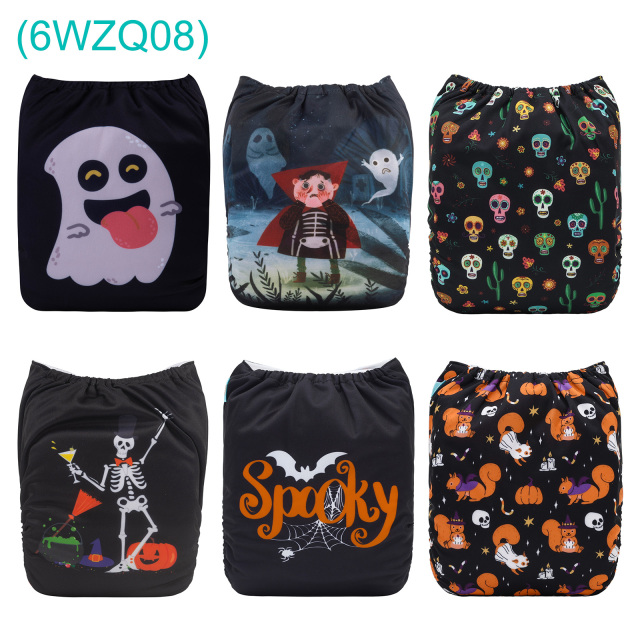 6-Pack Halloween Cloth Diapers with 6 Microfiber Inserts - One Size Reusable and Adjustable Pocket Diapers for Infants & Toddlers