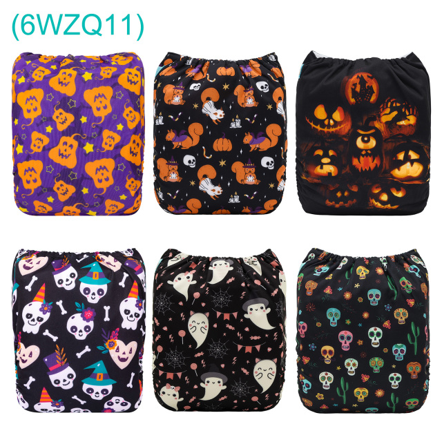 6-Pack Halloween Cloth Diapers with 6 Microfiber Inserts - One Size Reusable and Adjustable Pocket Diapers for Infants & Toddlers