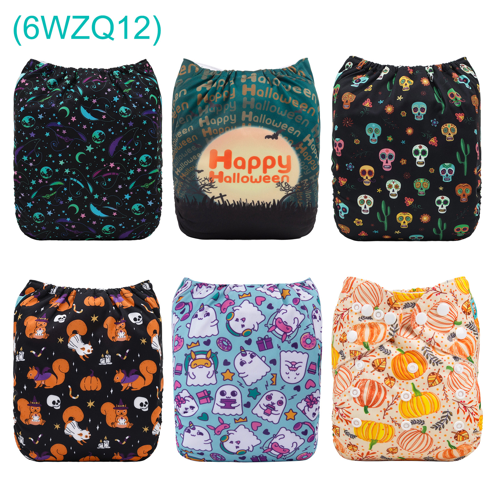 6-Pack Halloween Cloth Diapers with 6 Microfiber Inserts - One Size Reusable and Adjustable Pocket Diapers for Infants & Toddlers