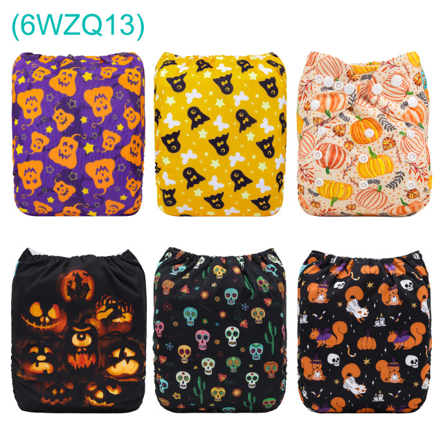 6-Pack Halloween Cloth Diapers with 6 Microfiber Inserts - One Size Reusable and Adjustable Pocket Diapers for Infants & Toddlers