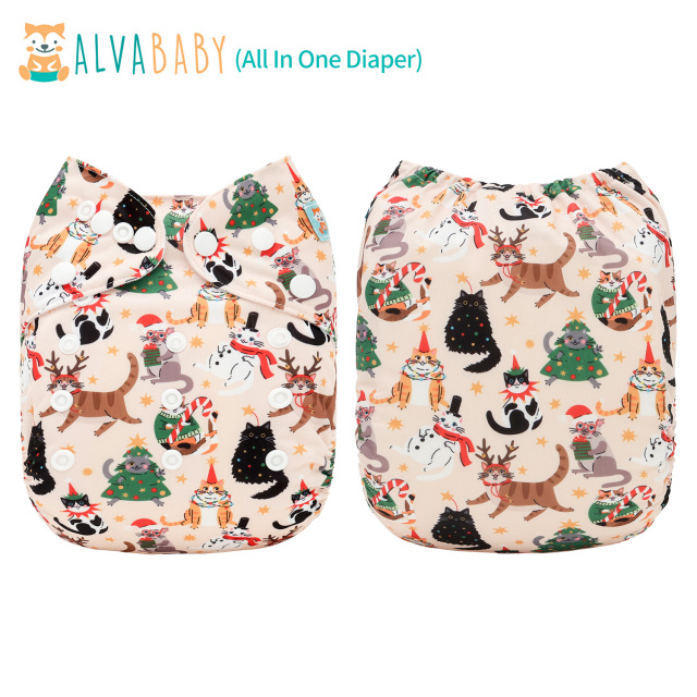 All In One Diaper with Pocket Sewn-in one 4-layer Bamboo blend insert (Cat, AO-ED31A)