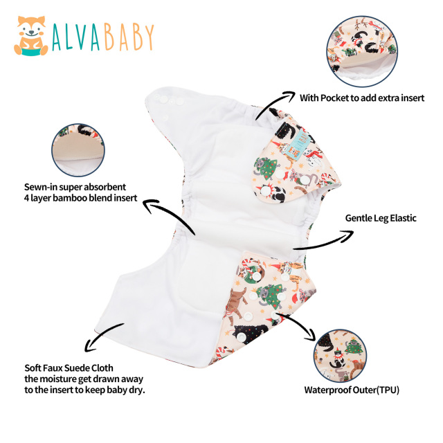 All In One Diaper with Pocket Sewn-in one 4-layer Bamboo blend insert (Cat, AO-ED31A)