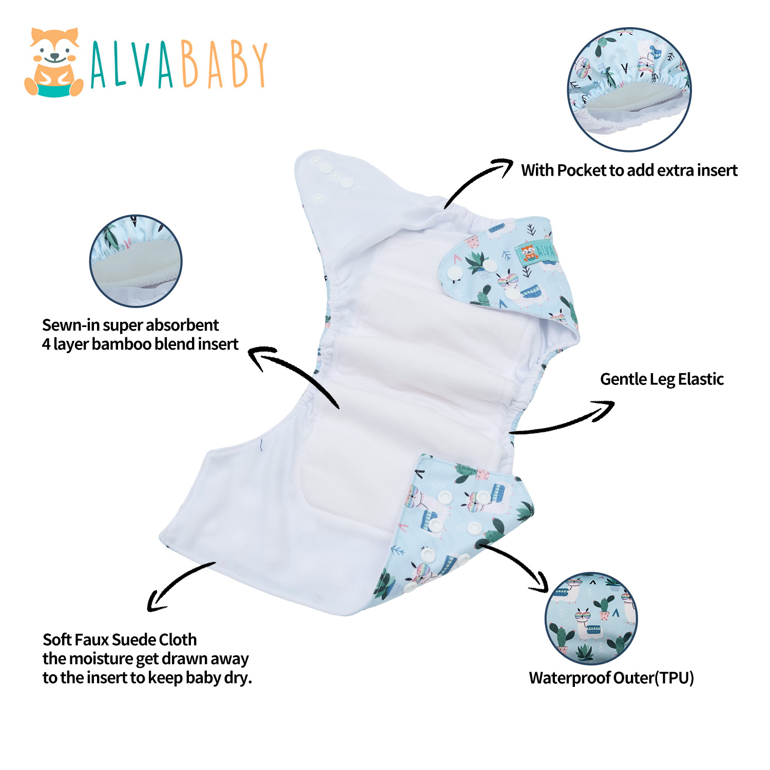 All In One Diaper with Pocket Sewn-in one 4-layer Bamboo blend insert (Sheep AO-ED32A)
