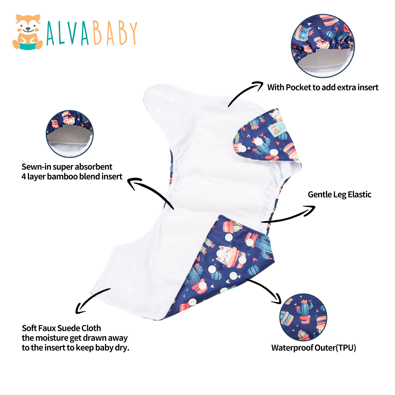 All In One Diaper with Pocket Sewn-in one 4-layer Bamboo blend insert-Cat(AO-EW61A)