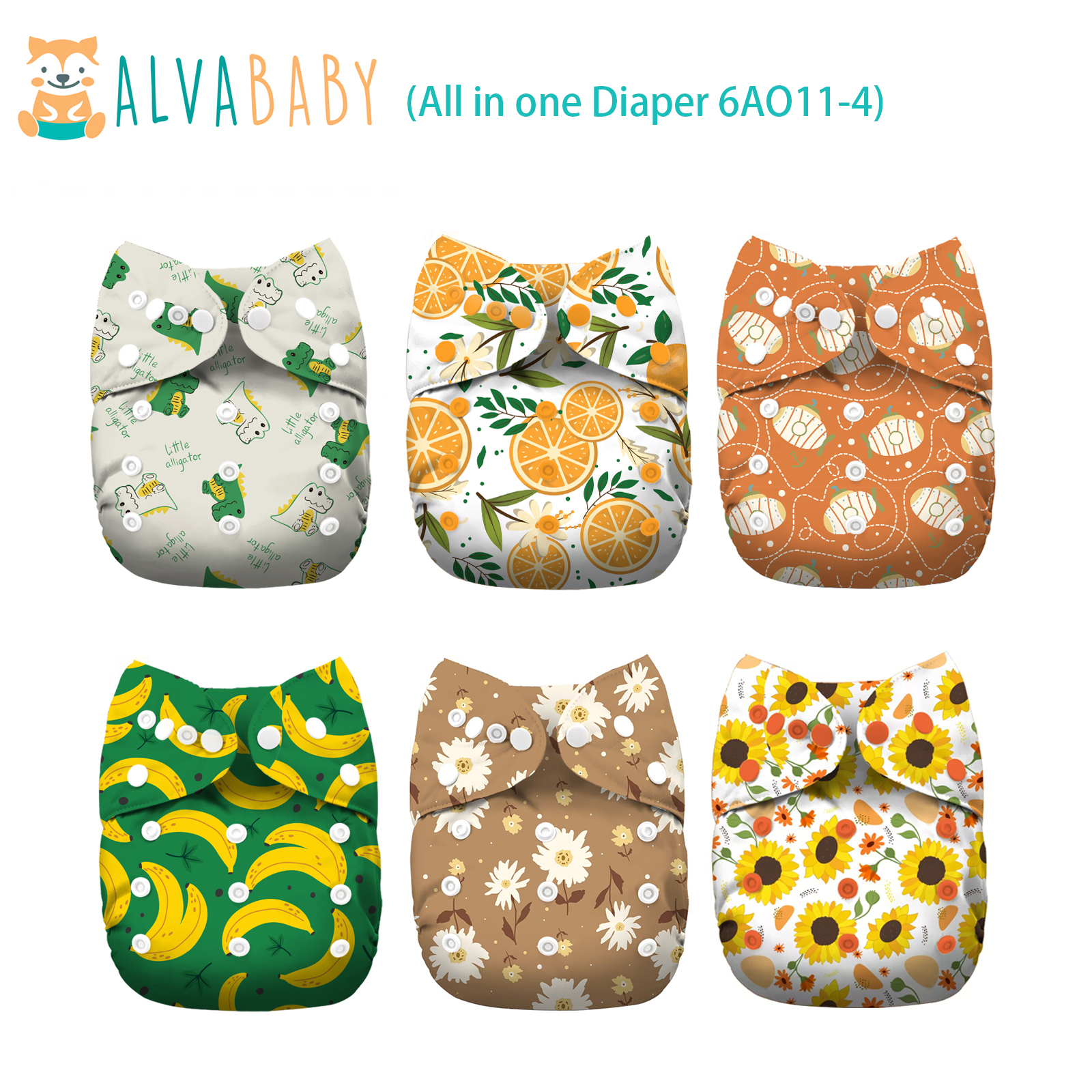 6-Pack All In One Diapers - One Size Adjustable & Reusable AIO Cloth Diaper for Infants & Toddlers