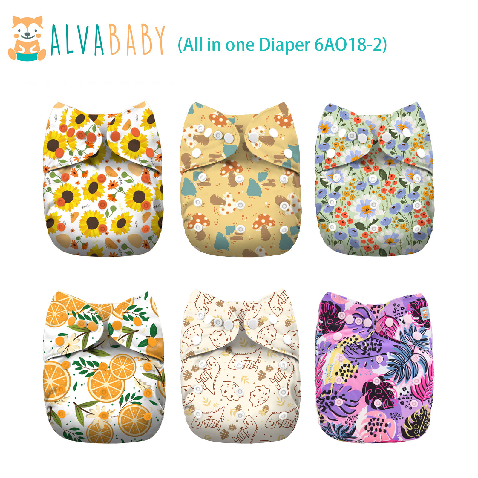 6-Pack All In One Diapers - One Size Adjustable & Reusable AIO Cloth Diaper for Infants & Toddlers
