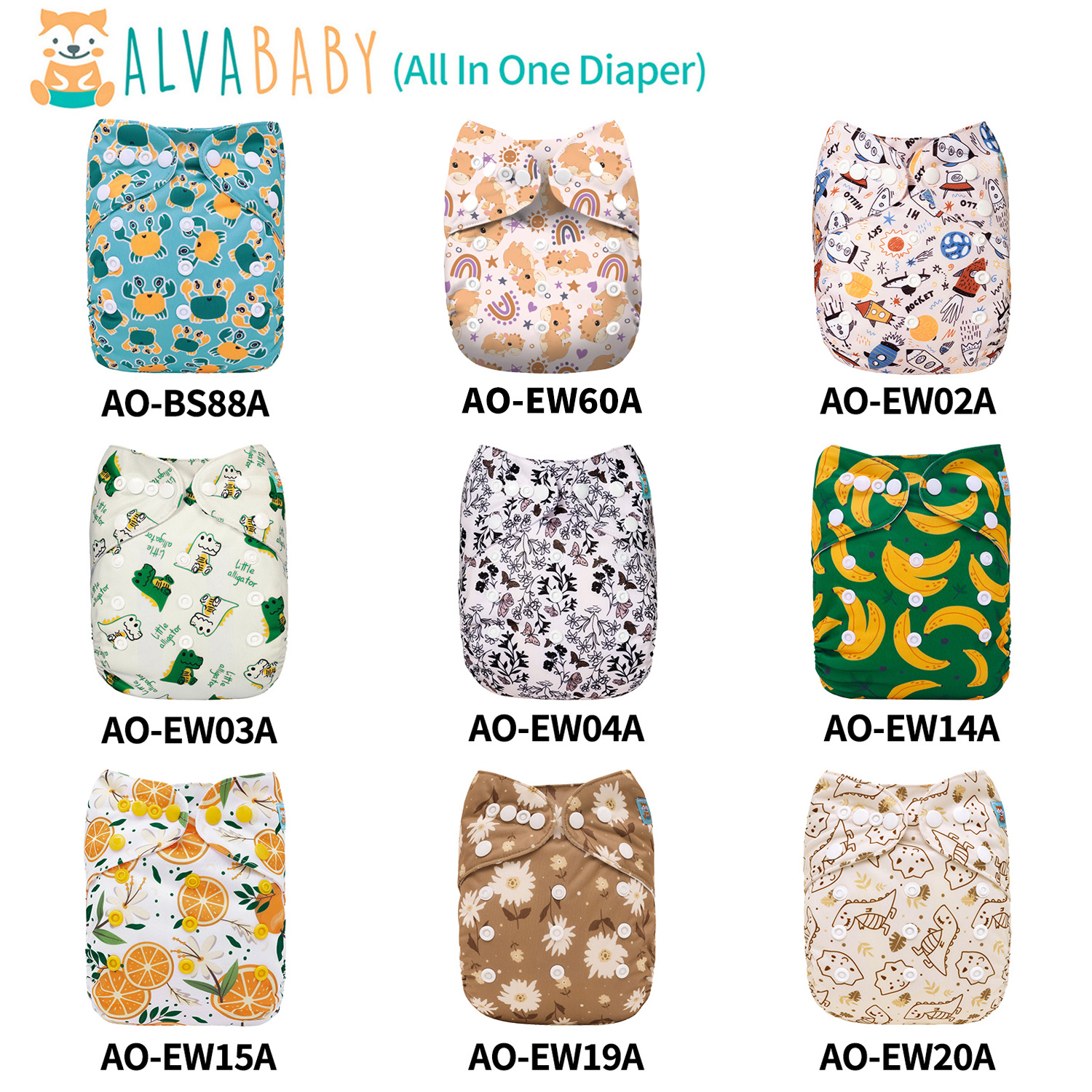 (Various Patterns) All In One Diaper - One Size Adjustable & Reusable AIO Cloth Diaper for Infants & Toddlers