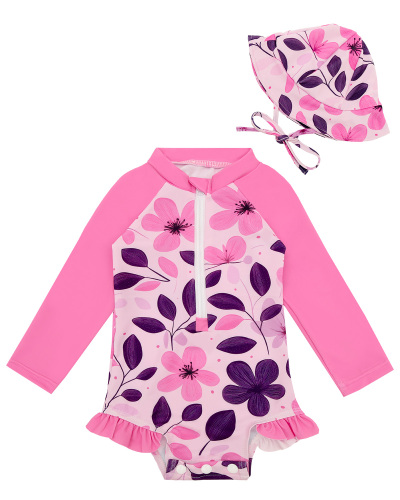 ALVABABY Girls' Rash Guard Sets, Long Sleeve One Piece Swimsuit with Hat, UPF 50 Sun Protection Swimwear for Outdoor Activities (ST-EG06)