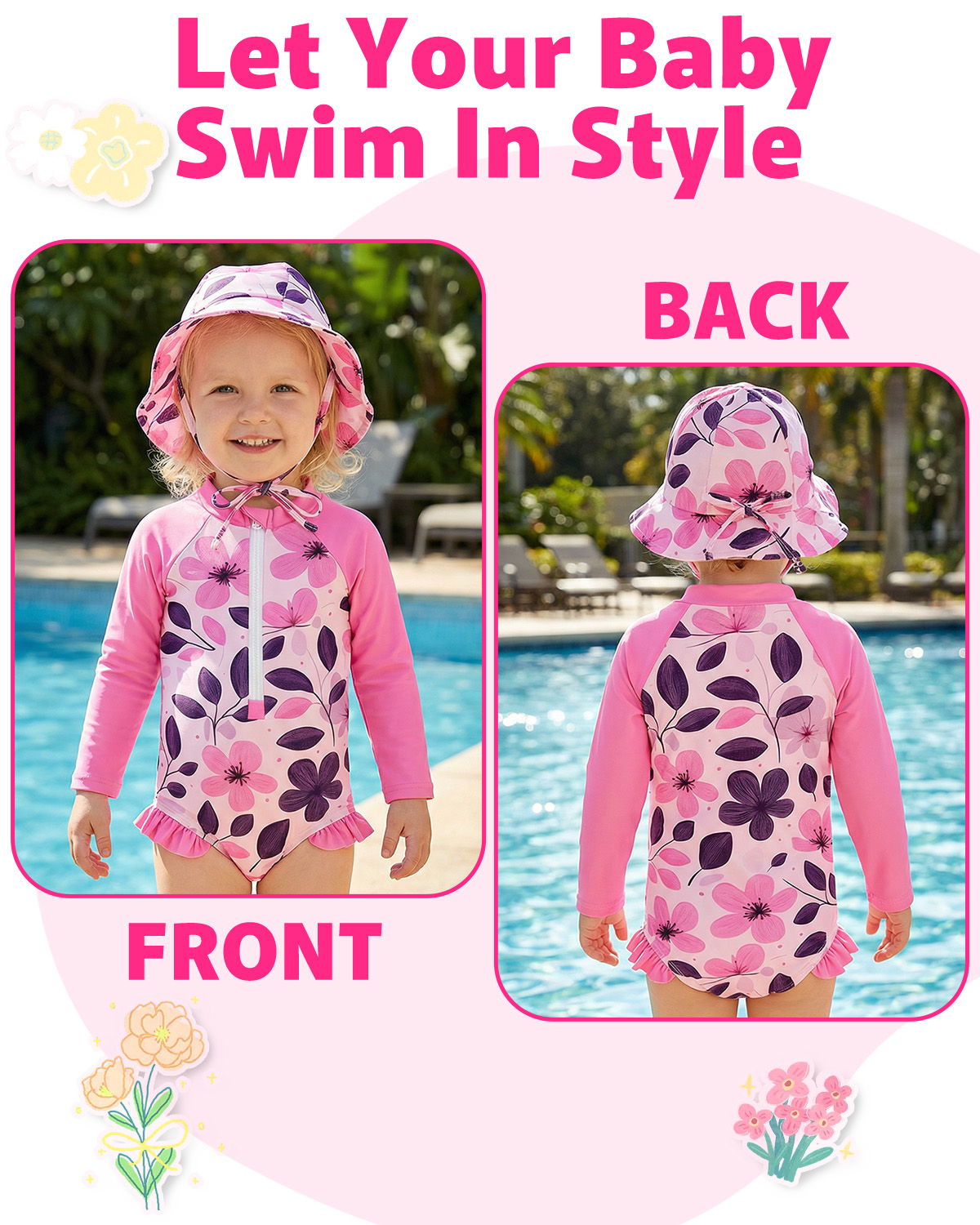 ALVABABY Girls' Rash Guard Sets, Long Sleeve One Piece Swimsuit with Hat, UPF 50 Sun Protection Swimwear for Outdoor Activities (ST-EG06)