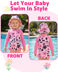ALVA Girls' Rash Guard Sets, Long Sleeve One Piece Swimsuit with Hat, UPF 50 Sun Protection Swimwear for Outdoor Activities
