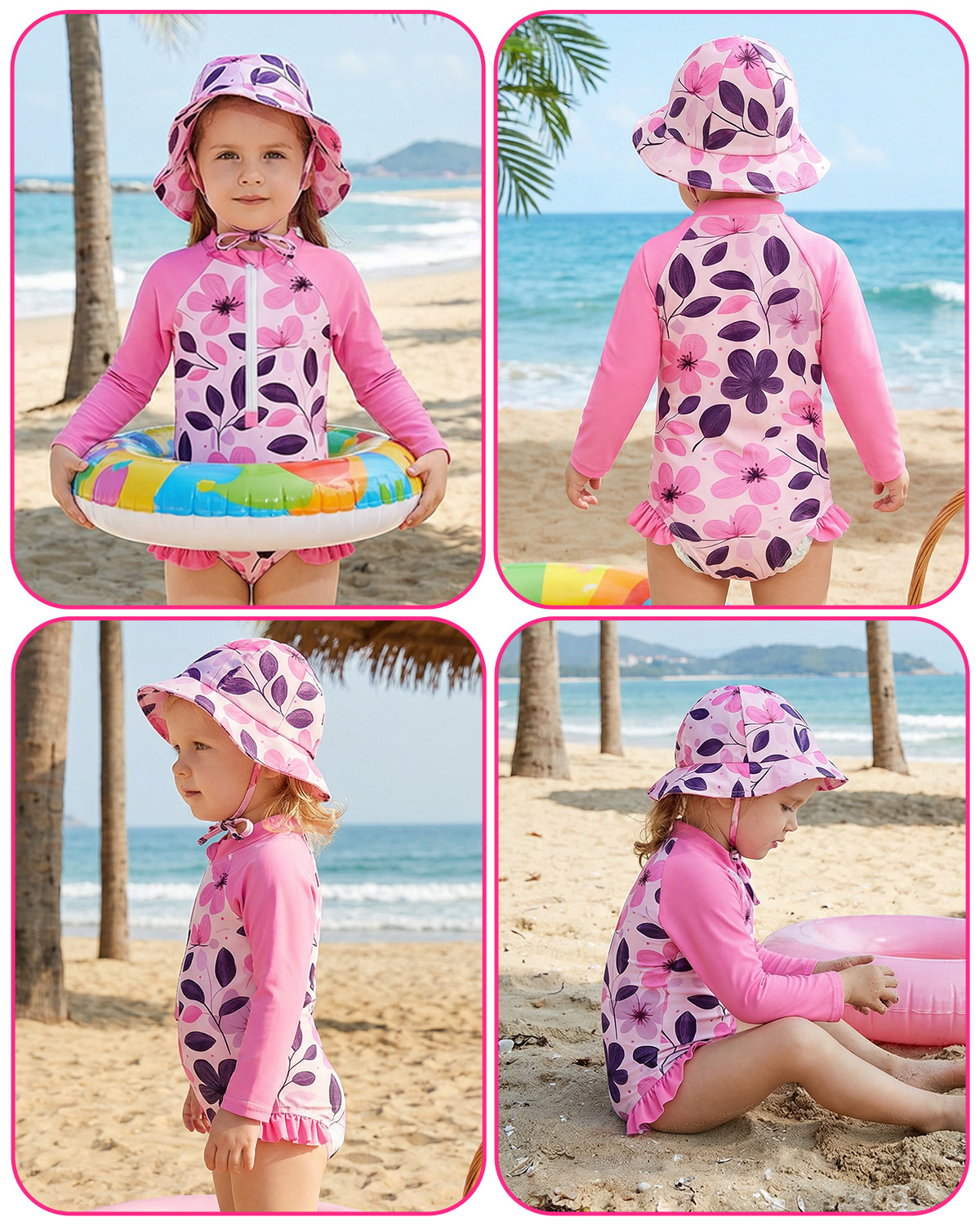 ALVABABY Girls' Rash Guard Sets, Long Sleeve One Piece Swimsuit with Hat, UPF 50 Sun Protection Swimwear for Outdoor Activities (ST-EG06)