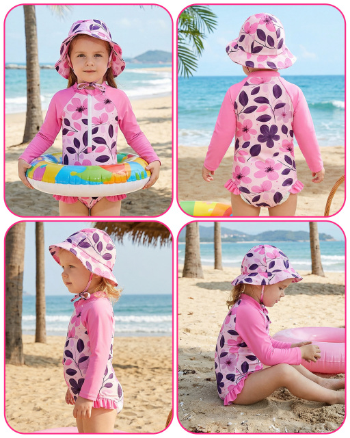 ALVA Girls' Rash Guard Sets, Long Sleeve One Piece Swimsuit with Hat, UPF 50 Sun Protection Swimwear for Outdoor Activities