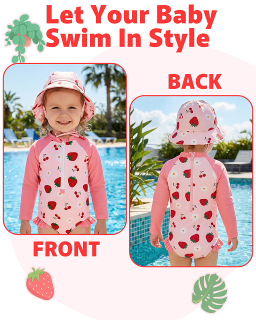 ALVA Girls' Rash Guard Sets, Long Sleeve One Piece Swimsuit with Hat, UPF 50 Sun Protection Swimwear for Outdoor Activities
