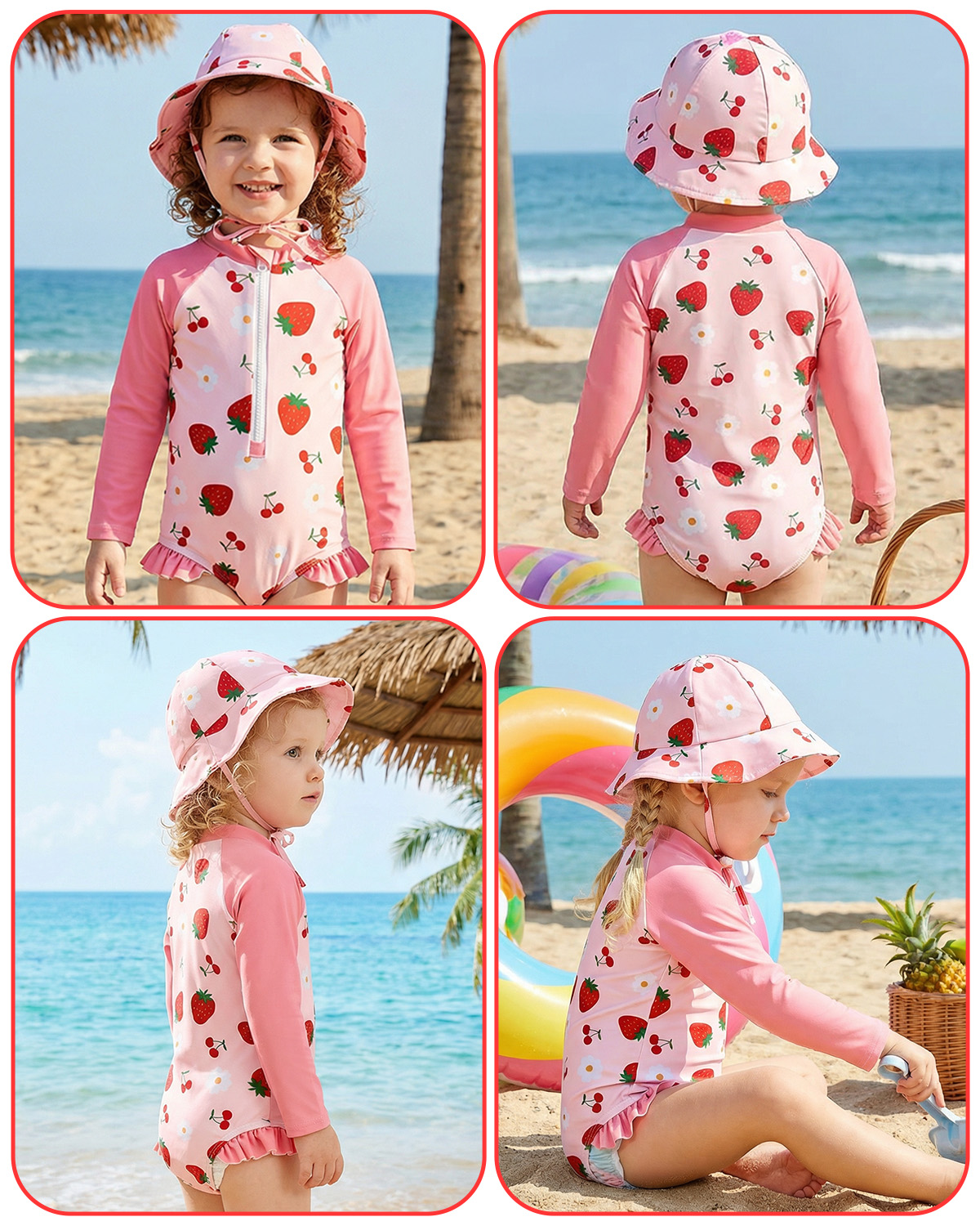 ALVABABY Girls' Rash Guard Sets, Long Sleeve One Piece Swimsuit with Hat, UPF 50 Sun Protection Swimwear for Outdoor Activities (ST-EG07)