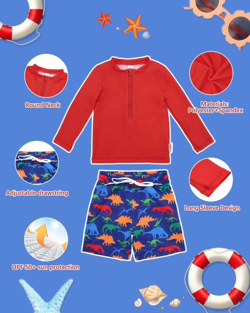 ALVABABY Long Sleeve Rashguards, Baby/Toddler Boys' Rash Guard Sets,Boy Swimsuit UPF 50+Two Piece Bathing Suit