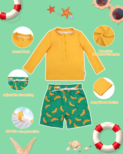 ALVABABY Long Sleeve Rashguards, Baby/Toddler Boys' Rash Guard Sets,Boy Swimsuit UPF 50+Two Piece Bathing Suit