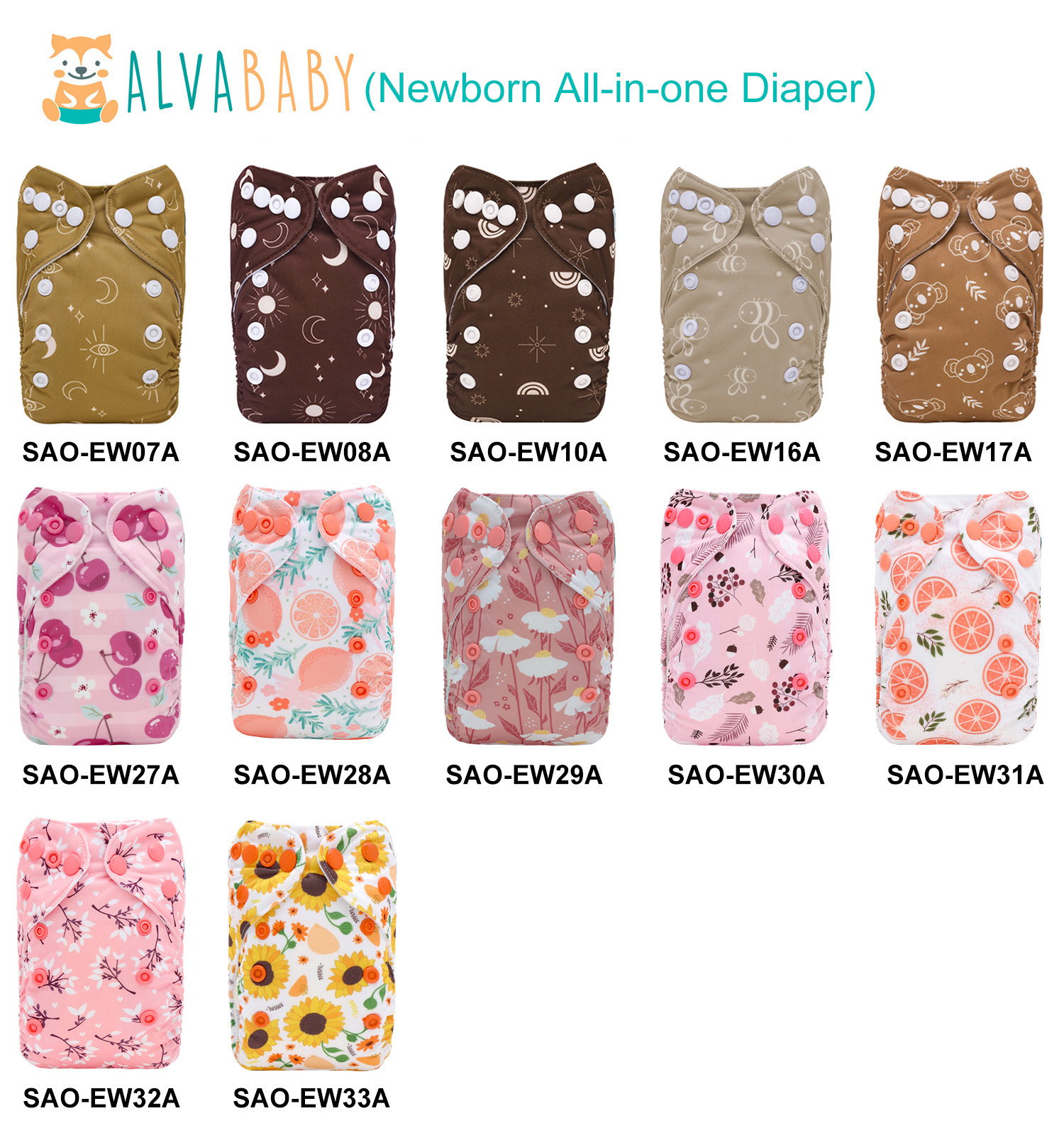 (Various Patterns) Newborn All In One Diaper with Pocket Sewn-in Bamboo Insert(4-Layer) - Adjustable Washable Reusable Cloth Diaper