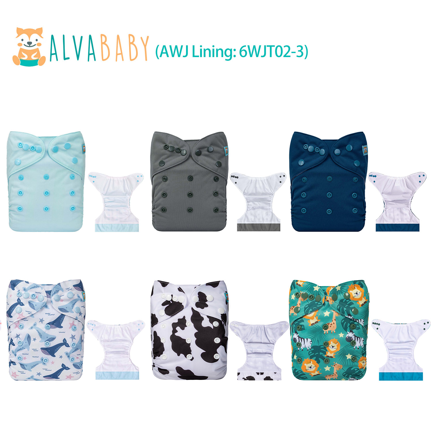 6-Pack AWJ Cloth Diapers with 6 Bamboo Inserts (4 Layers) - One Size Adjustable & Reusable Pocket Diapers for Summer