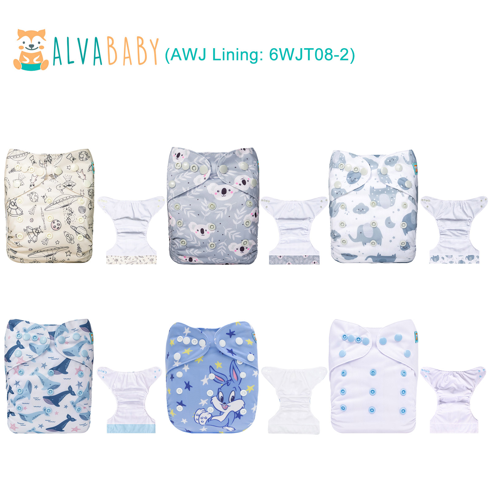 6-Pack AWJ Cloth Diapers with 6 Bamboo Inserts (4 Layers) - One Size Adjustable & Reusable Pocket Diapers for Summer