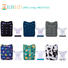 6-Pack AWJ Cloth Diapers with 6 Bamboo Inserts (4 Layers) - One Size Adjustable & Reusable Pocket Diapers for Summer