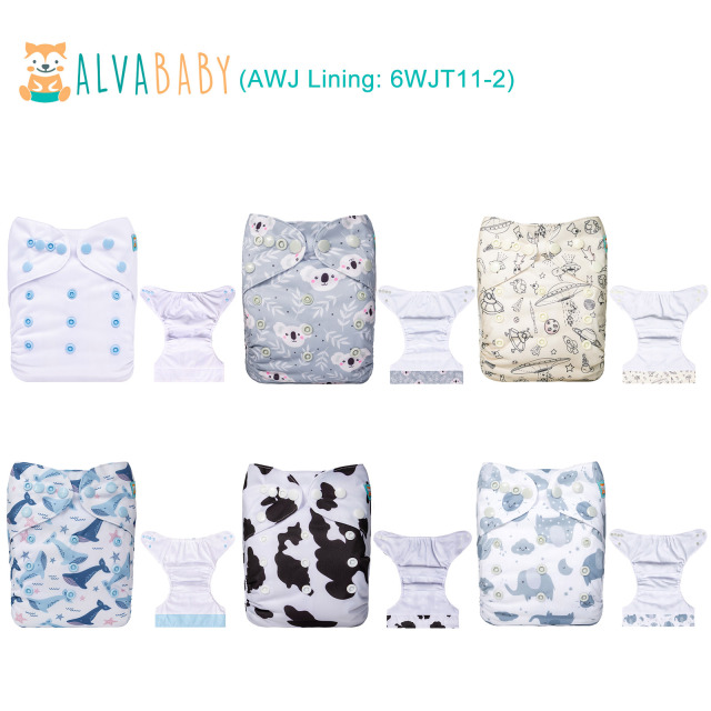 6-Pack AWJ Cloth Diapers with 6 Bamboo Inserts (4 Layers) - One Size Adjustable & Reusable Pocket Diapers for Summer
