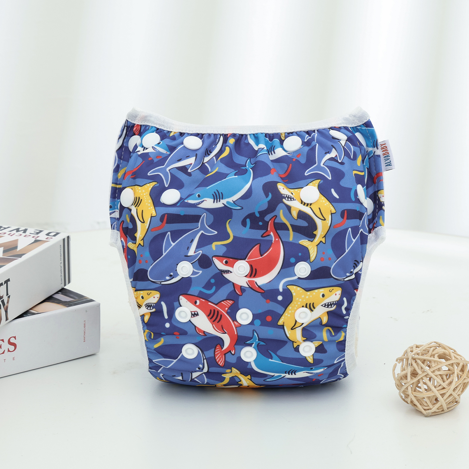 ALVABABY Reusable Swim Diaper - Adjustable One Size Swimwear for Infants & Toddlers (Shark SWD-BS317A)