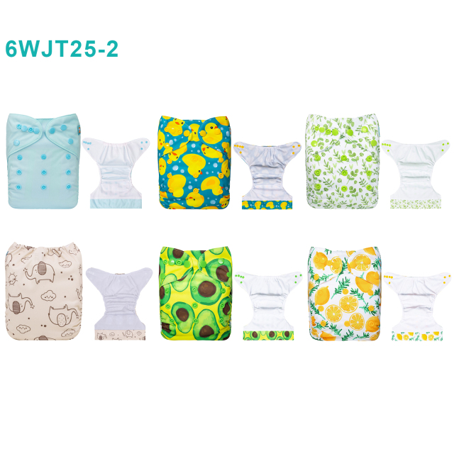 6-Pack AWJ Cloth Diapers with 6 Bamboo Inserts (4 Layers) - One Size Adjustable & Reusable Pocket Diapers for Summer