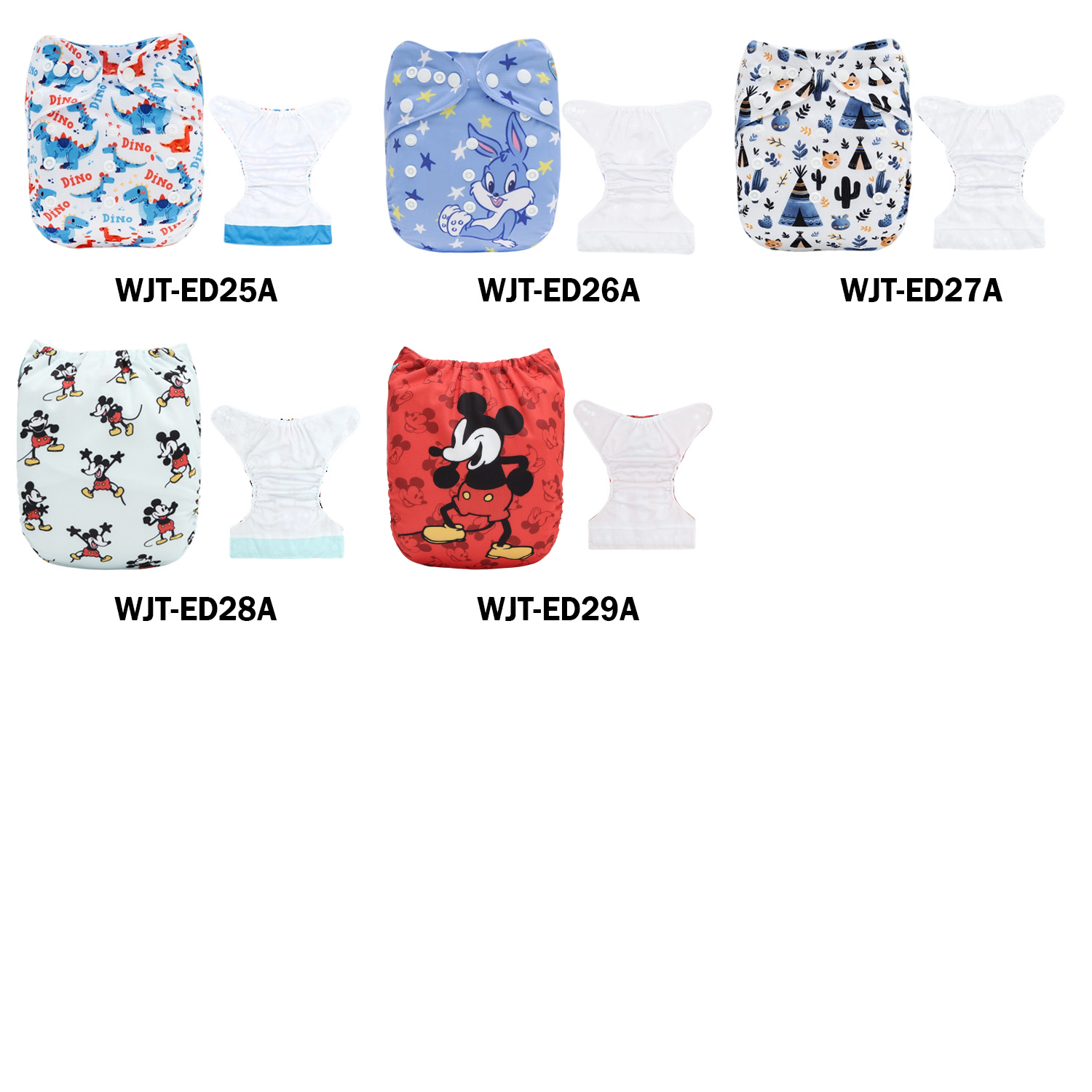 (Various Patterns) AWJ Cloth Diaper with Tummy Panel come with 4-layers-bamboo insert - One Size Adjustable & Reusable Pocket Diapers for Summer