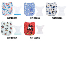 (Various Patterns) AWJ Cloth Diaper with Tummy Panel come with 4-layers-bamboo insert - One Size Adjustable & Reusable Pocket Diapers for Summer