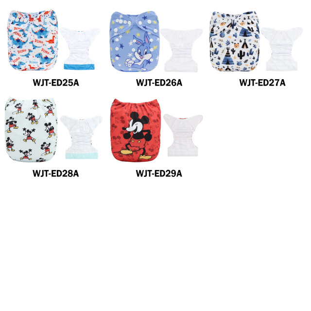 (Various Patterns) AWJ Cloth Diaper with Tummy Panel come with 4-layers-bamboo insert - One Size Adjustable & Reusable Pocket Diapers for Summer