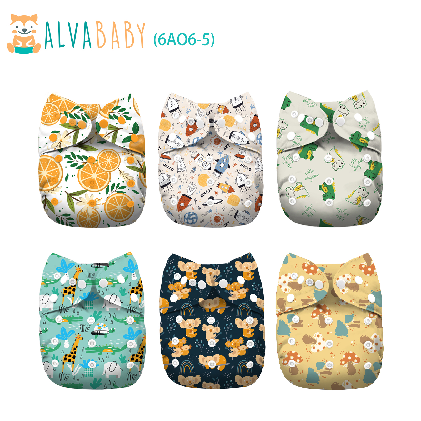 6-Pack All In One Diapers - One Size Adjustable & Reusable AIO Cloth Diaper for Infants & Toddlers