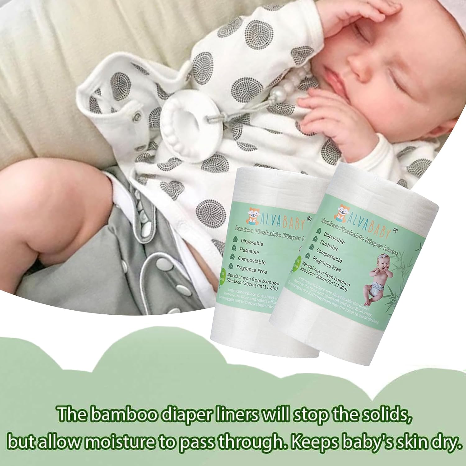 ALVABABY 1 Roll of Bamboo Flushable Liner Disposable Liners for Cloth Diaper (BBT02)