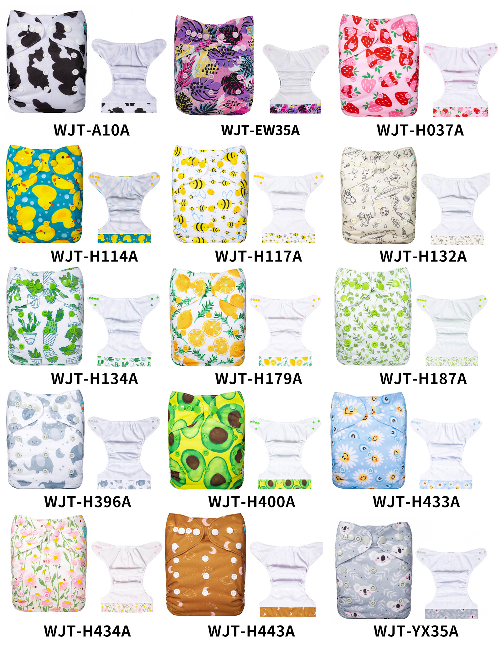 (Multi-packs) 20PCS Printed AWJ Cloth Diapers with Tummy Panels One Size Reusable Adjustatble Cloth Baby Diapers(With 20 Inserts)