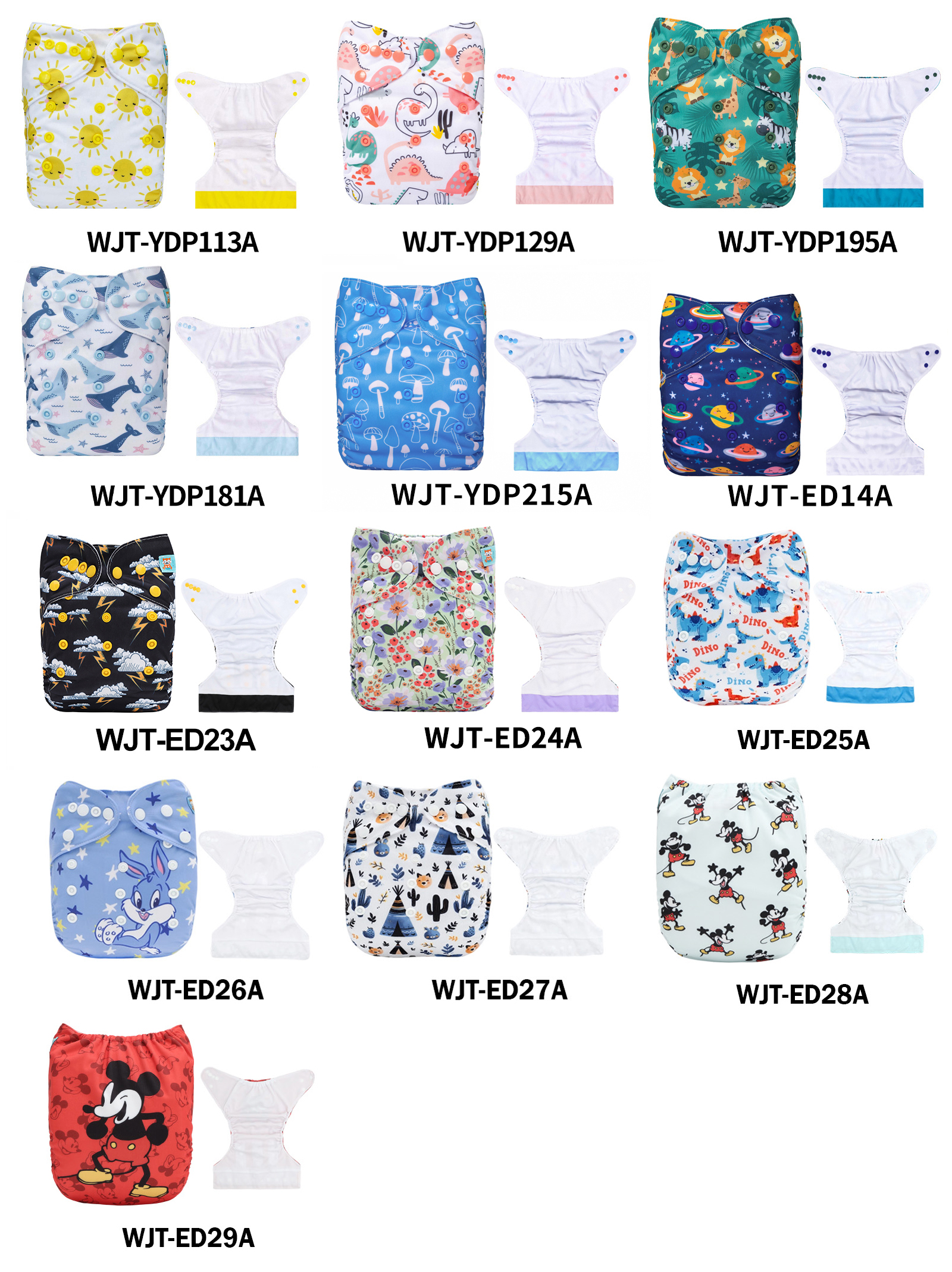 (Multi-packs) 10PCS Positioning AWJ Cloth Diapers with Tummy Panels One Size Reusable Adjustatble Cloth Baby Diapers(With 10 Inserts)