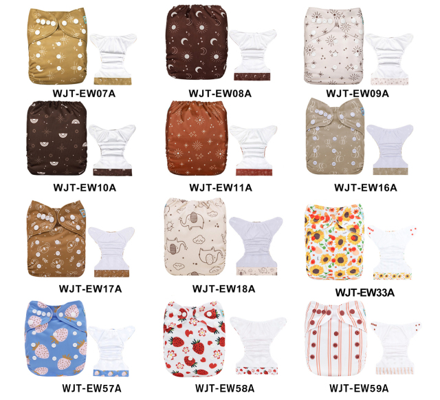 (Multi-packs) 50PCS Printed AWJ Cloth Diapers with Tummy Panels One Size Reusable Adjustatble Cloth Baby Diapers(With 50 Inserts)