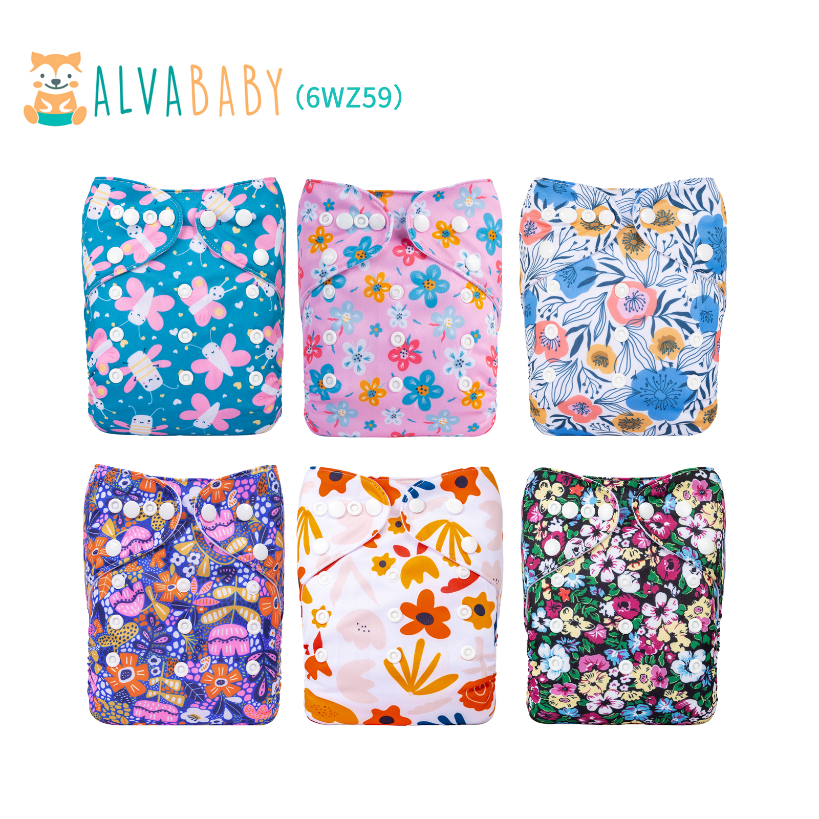 6-Pack Baby Cloth Diapers with 6 Microfiber Inserts - One Size Adjustable & Reusable Pocket Diapers for Infants & Toddlers